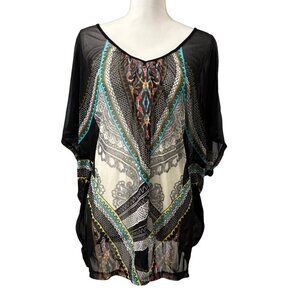 Apt. 9 Womens Sheer Bohemian Tunic Top W/ Geometric Print 1X Black Multicolor